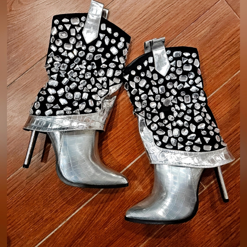 Rhinestone spike heel fold over boots 8.5